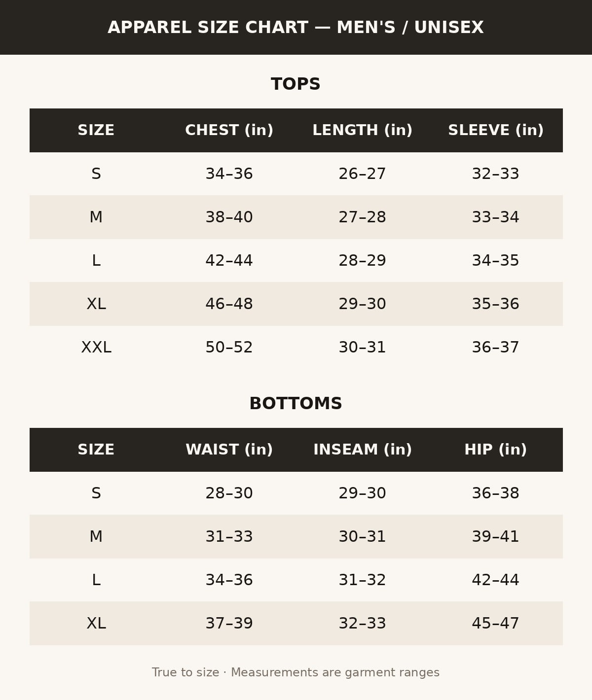 Apparel size chart