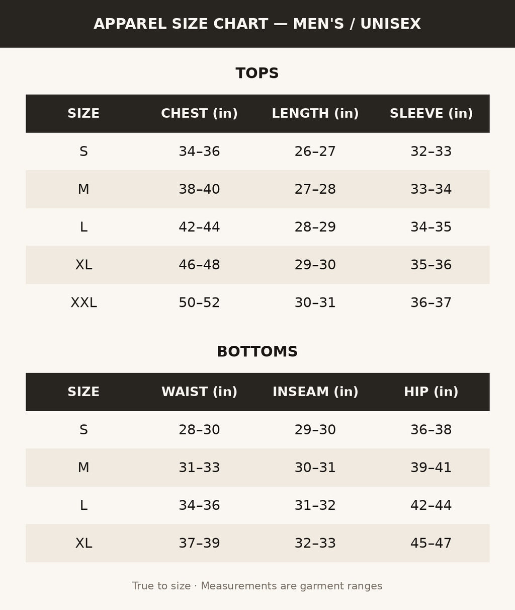 Apparel size chart
